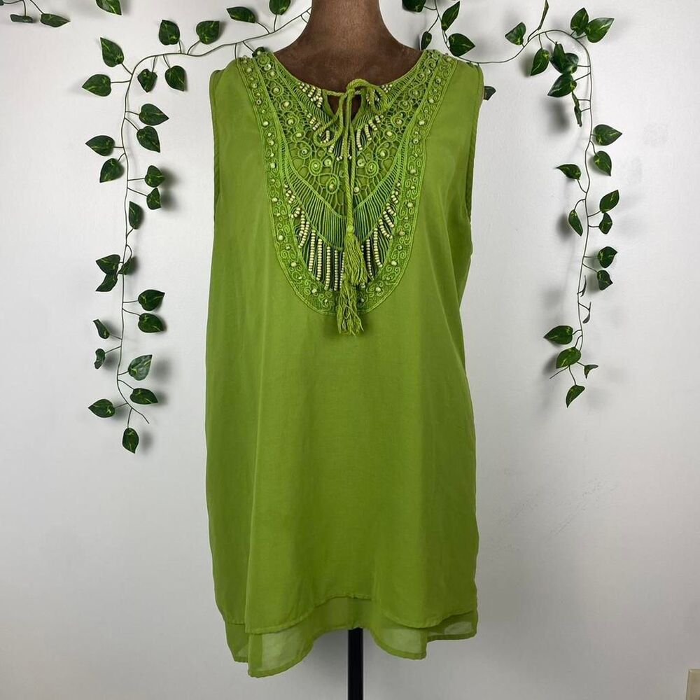 Green eclectic button beaded boho blouse embroidery tassel tie front spiral